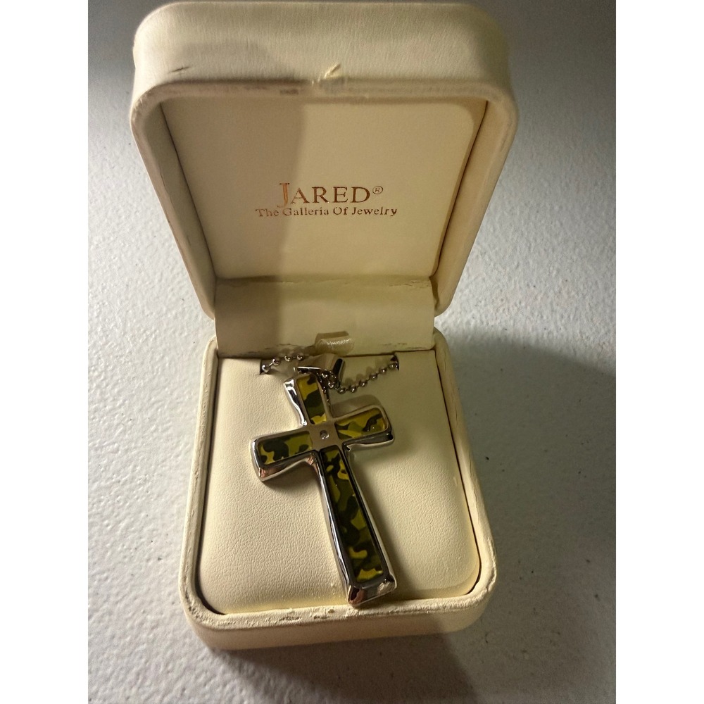 Jared Stainless Steel Camo Cross Pendant Necklace Diamond Accent Ball Chain Box
